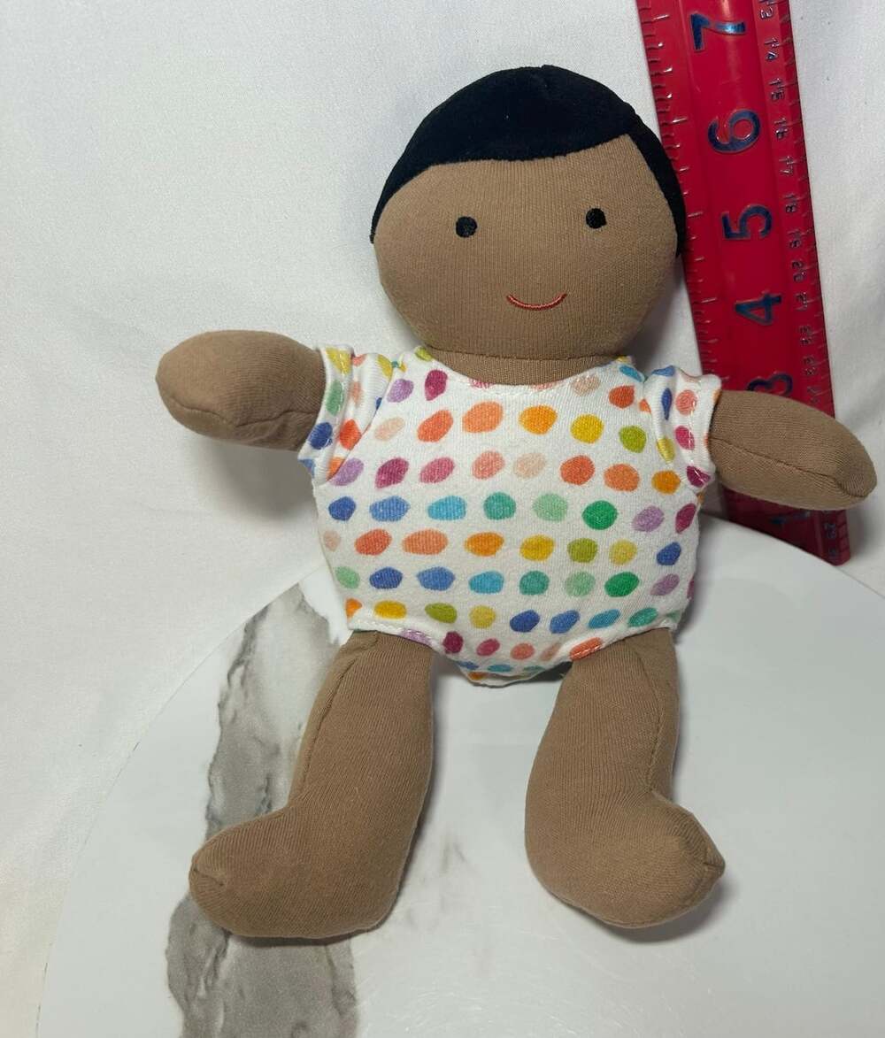 Lovevery Tan skin Organic Cotton Baby Doll Plush Dark Hair Polka Dot Outfit 8"